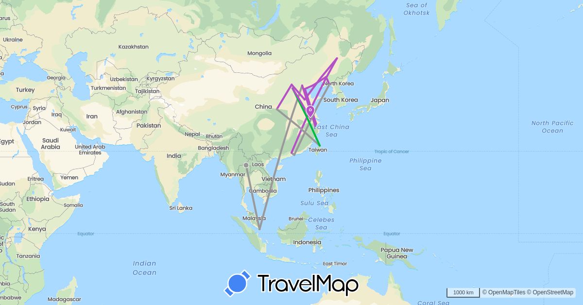 TravelMap itinerary: driving, bus, plane, train in China, Singapore, Thailand, Taiwan (Asia)